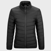 Women’s Black Down Jacket Jacket women front product view | Dash Racegear — Women's Black Puffer Zip-up Down Jacket