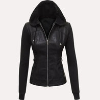 Womens Hooded Black Faux Leather Jacket Leather Jacket women front product view | Dash Racegear — Women's Black Hooded Faux Leather Jacket