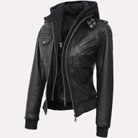 Womens Black Hooded Bomber Leather Jacket Leather Jacket women detail view 2 | Dash Racegear — Black Hooded Bomber Leather Jacket