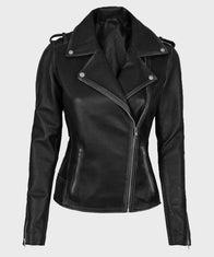 Womens Black Leather Biker Jacket Biker Jacket women front product view | Dash Racegear — Womens Black Biker Asymmetrical Leather Jacket