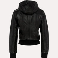 Womens Black Leather Hooded Bomber Jacket Bomber Jacket women detail view 2 | Dash Racegear — Womens Black Bomber Biker Hooded Leather Jacket