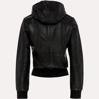 Womens Black Leather Hooded Bomber Jacket Bomber Jacket women detail view 2 | Dash Racegear — Womens Black Bomber Biker Hooded Leather Jacket
