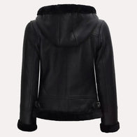 Womens Black Leather Hooded Shearling Jacket Leather Jacket women detail view 3 | Dash Racegear — Black Shearling Leather Jacket with Hood