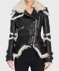 Womens Black Leather Shearling Biker Jacket Biker Jacket women front product view | Dash Racegear — Black Leather Shearling Womens Biker Jacket