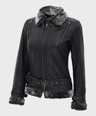 Womens Black Leather Shearling Jacket Jacket women front product view | Dash Racegear — Black Belted Womens Shearling Jacket