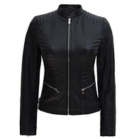 Womens Black Padded Leather Jacket Leather Jacket women front product view | Dash Racegear — Womens Black Padded Leather Jacket