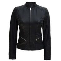 Womens Black Padded Leather Jacket Leather Jacket women front product view | Dash Racegear — Womens Black Padded Leather Jacket