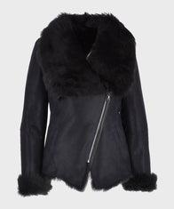 Womens Black Shearling Fur Leather Jacket Leather Jacket women front product view | Dash Racegear — Womens Black Leather Shearling Fur Jacket