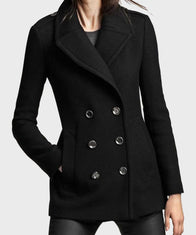 Womens Black Wool Peacoat Jacket women front product view | Dash Racegear — Womens Double-Breasted Black Coat