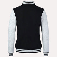 Womens Black and Grey Varsity Jacket Varsity Jacket women detail view 2 | Dash Racegear — Black and Grey Varsity Jacket