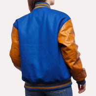 Womens Blue and Gold Leather Sleeves Varsity Jacket Varsity Jacket women detail view 3 | Dash Racegear — Blue and Gold Wool and Leather Sleeves Varsity Jacket