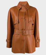 Womens Brown Belted Leather Coat Jacket women front product view | Dash Racegear — Women's Stylish Mid-Length Brown Belted Coat