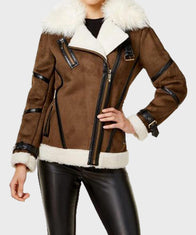 Womens Brown Faux Fur Asymmetrical Leather Jacket Leather Jacket women front product view | Dash Racegear — Women's Asymmetrical Faux Fur Shearling Leather Jacket