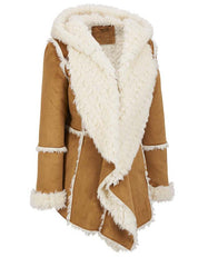 Womens Brown Faux Fur Suede Overcoat With Hood Coat women front product view | Dash Racegear — Womens Brown Suede Faux Fur Overcoat With Hood