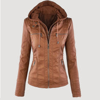 Womens Faux Leather Brown Hooded Jacket Leather Jacket unisex front product view | Dash Racegear — Women's Removable Hooded Cafe Racer Brown Faux Leather Jacket