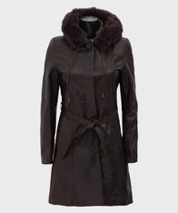 Womens Dark Brown Fur Hooded Leather Coat Jacket women front product view | Dash Racegear — Dark Brown Fur Hooded Leather Coat for Women's