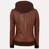 Womens Brown Hooded Bomber Leather Jacket Leather Jacket women detail view 3 | Dash Racegear — Brown Hooded Bomber Leather Jacket with Removeable Hood