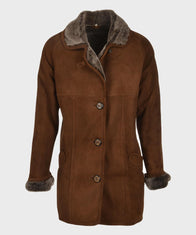 Womens Brown Sheepskin Leather Coat Jacket women front product view | Dash Racegear — Dark Brown Shearling Leather Coat