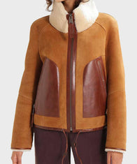 Womens Shearling Collar Brown Suede Leather Jacket Leather Jacket women front product view | Dash Racegear — Brown Detailed Jacket for Womens