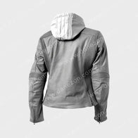 Womens Cafe Racer Grey Leather Jacket Leather Jacket women detail view 2 | Dash Racegear — Womens Cafe Racer Grey Leather Hooded Jacket