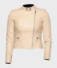 Womens Classic Beige Leather Jacket Leather Jacket women front product view | Dash Racegear — Womens Classic Beige Motorcycle Leather Jacket
