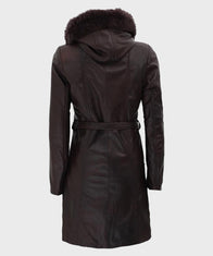 Womens Dark Brown Fur Hooded Leather Coat Jacket women detail view 3 | Dash Racegear — Faux Shearling Dark Brown Hooded Coat