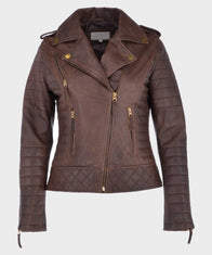 Womens Distressed Brown Biker Leather Jacket Leather Jacket women front product view | Dash Racegear — Brown Distressed Womens Leather Motorcycle Jacket