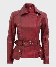 Womens Distressed Maroon Biker Jacket Biker Jacket women front product view | Dash Racegear — Womens Maroon Motorcycle Belted Leather Jacket