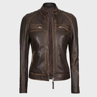 Womens Quilted Shoulder Distressed Leather Jacket Leather Jacket women detail view 3 | Dash Racegear — Womens Distressed Quilted Shoulder Leather Jacket