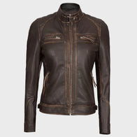 Womens Quilted Shoulder Distressed Leather Jacket Leather Jacket women detail view 2 | Dash Racegear — Womens Quilted Shoulder Distressed Leather Jacket