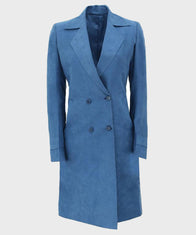 Womens Double-Breasted Blue Long Coat Jacket women front product view | Dash Racegear — Womens Blue Long Double-Breasted Winter Coat