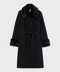 Womens Fur Collar Black Wool Coat Coat women front product view | Dash Racegear — Womens Black Wool-Blend Fur Collar Trench Coat