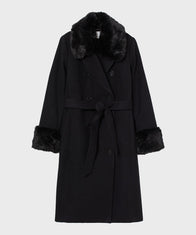 Womens Fur Collar Black Wool Coat Coat women front product view | Dash Racegear — Womens Black Wool-Blend Fur Collar Trench Coat