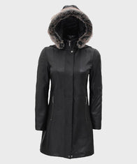 Womens Black Fur Hooded Leather Coat Jacket women front product view | Dash Racegear — Women's Black Leather Faux Fur Hooded Coat
