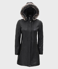 Womens Black Fur Hooded Leather Coat Jacket women front product view | Dash Racegear — Women's Black Leather Faux Fur Hooded Coat