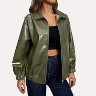 Womens Green Oversized Bomber Jacket Bomber Jacket women detail view 2 | Dash Racegear — Women's Oversized Green Faux Leather Bomber Jacket