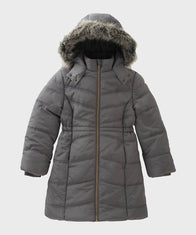 Womens Grey Hooded Puffer Coat Jacket women front product view | Dash Racegear — Womens Fur Hooded Puffer Grey Coat
