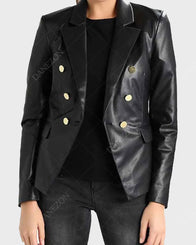 Womens Double-Breasted Black Blazer Blazer women front product view | Dash Racegear — Womens Slimfit Double-Breasted Black Leather Blazer