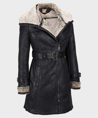 Womens Mid-Length Black Shearling Leather Coat Jacket women front product view | Dash Racegear — Womens Shearling Black Belted Mid-Length Coat