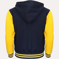 Womens Navy Blue and Yellow Hooded Varsity Jacket Varsity Jacket women detail view 2 | Dash Racegear — Womens Baseball Style Navy Blue and Yellow Hooded Varsity Jacket