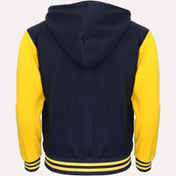 Womens Navy Blue and Yellow Hooded Varsity Jacket Varsity Jacket women detail view 2 | Dash Racegear — Womens Baseball Style Navy Blue and Yellow Hooded Varsity Jacket