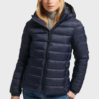 Womens Navy Puffer Jacket Puffer Jacket women front product view | Dash Racegear — Womens Navy Blue Hooded Puffer Jacket