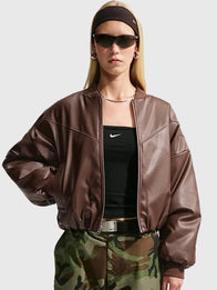 Nike Womens Therma Fit Bomber Jacket Bomber Jacket unisex front product view | Dash Racegear — Nike Therma-Fit Fall 2026 Brown Leather Bomber Jacket for women with a sleek silhouette and cozy warmth.