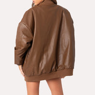 Womens Oversized Brown Leather Jacket Leather Jacket women detail view 3 | Dash Racegear — Womens Oversized Brown Leather Bomber Jacket