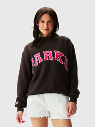 Parke x Dunkin’ Varsity Mockneck Brown Sweatshirt Sweatshirt unisex front product view | Dash Racegear — Parke x Dunkin' 2026 Varsity Mockneck Women's Fleece Sweatshirt in Brown with cozy warmth and premium everyday comfort.