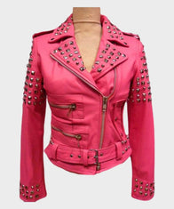 Womens Pink Biker Golden Studded Jacket Jacket women front product view | Dash Racegear — Womens Golden Studded Pink Jacket