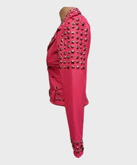 Womens Pink Biker Golden Studded Jacket Jacket women detail view 2 | Dash Racegear — Womens Biker Golden Studded Jacket