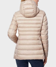 Women’s Hooded Down Puffer Cream Color Jacket Puffer Jacket women detail view 2 | Dash Racegear — Womens Down Hooded Puffer Winter Jacket