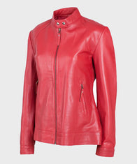 Womens Red Biker Leather Jacket Biker Jacket women front product view | Dash Racegear — Womens Red Leather Jacket