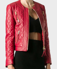 Womens Quilted Red Leather Jacket Leather Jacket women detail view 2 | Dash Racegear — Womens Red Leather Quilted Jacket for Winter Outfits